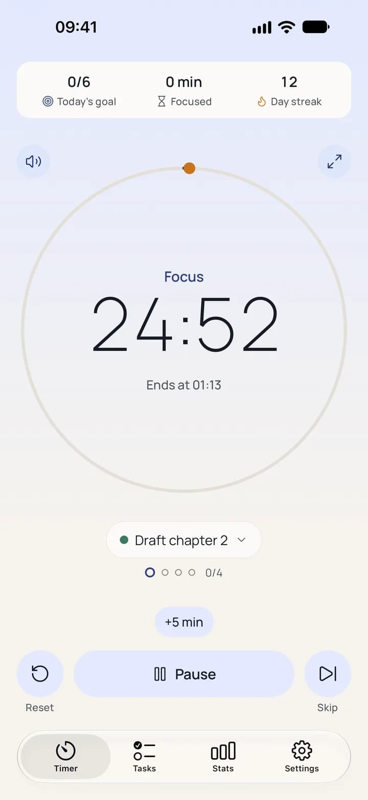 Stillpoint’s timer with a focus session running